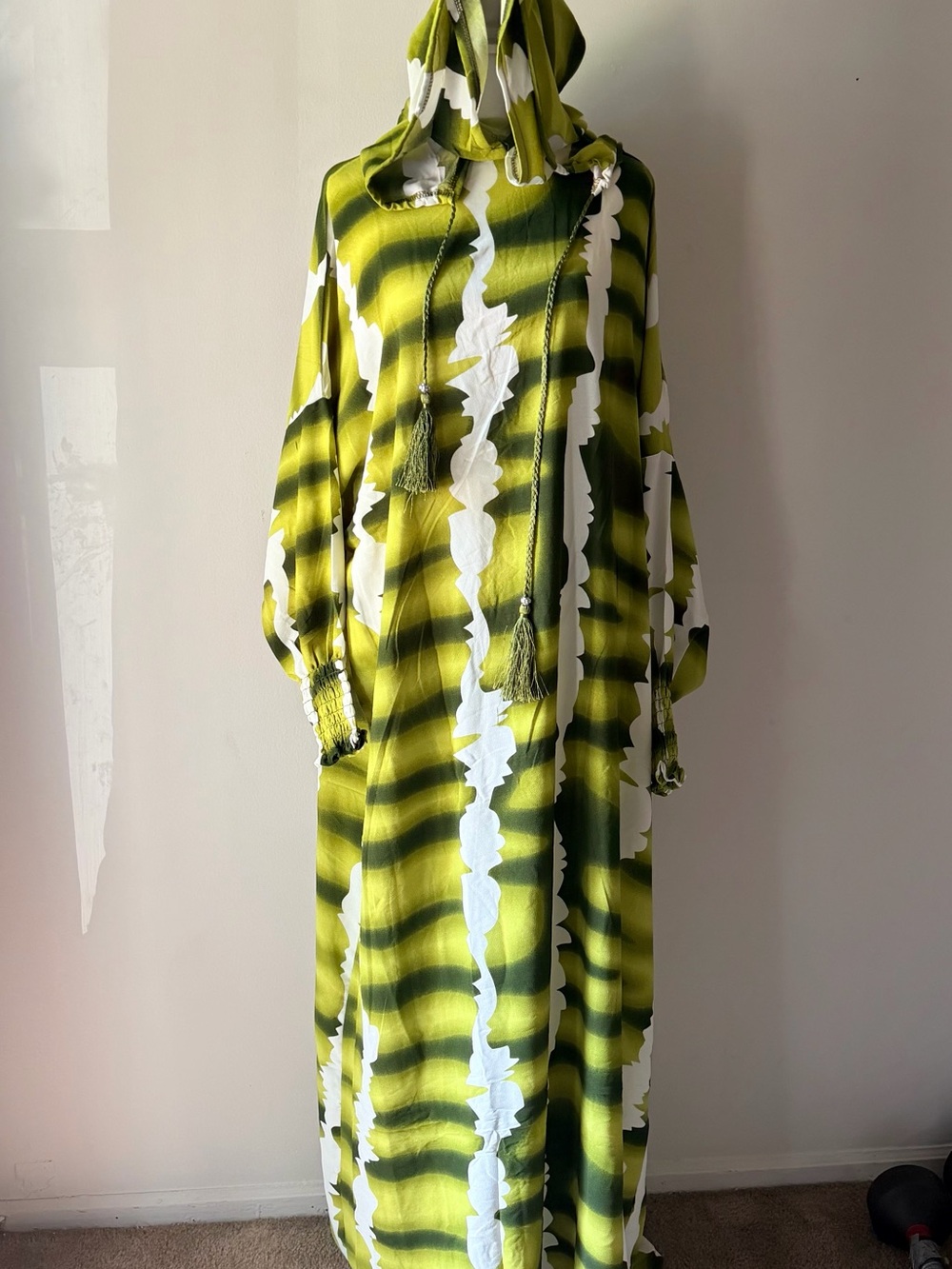 Green & White Hooded Maxi Dress with Tassel Drawstrings